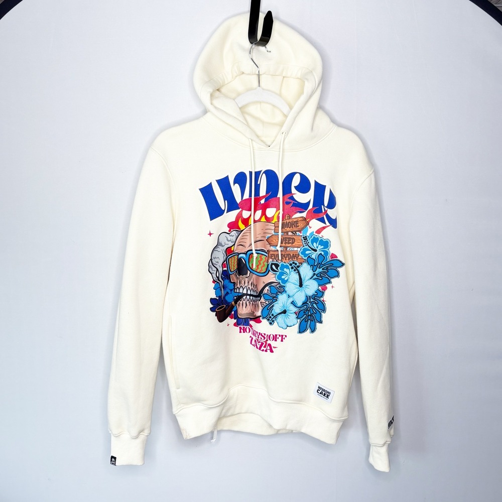 Wedding Cake Mens Small Cream Graphic Hoodie Smoking Skull Hibiscus No Days Off